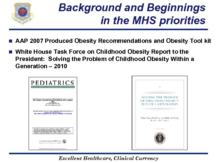 Background and Beginnings in the MHS priorities n AAP 2007 Produced Obesity Recommendations and