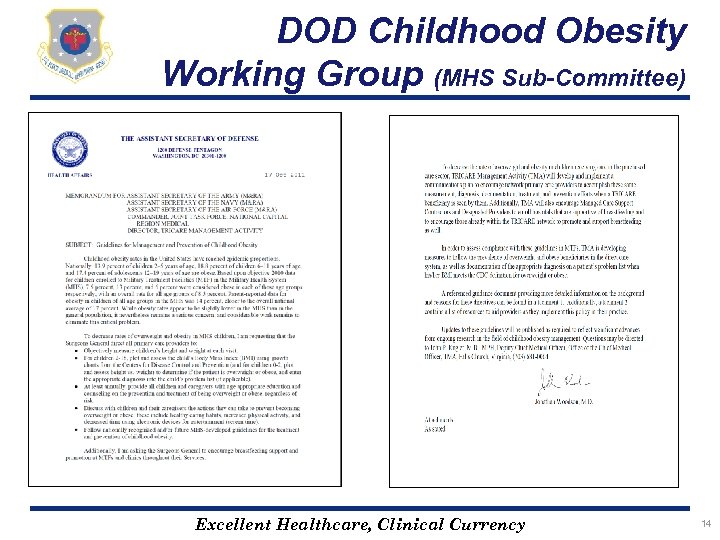 DOD Childhood Obesity Working Group (MHS Sub-Committee) Excellent Healthcare, Clinical Currency 14 