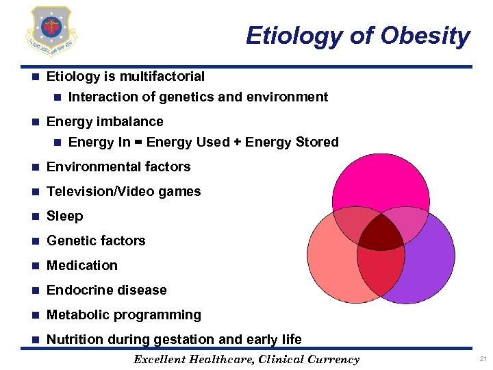 Etiology of Obesity n Etiology is multifactorial n Interaction of genetics and environment n