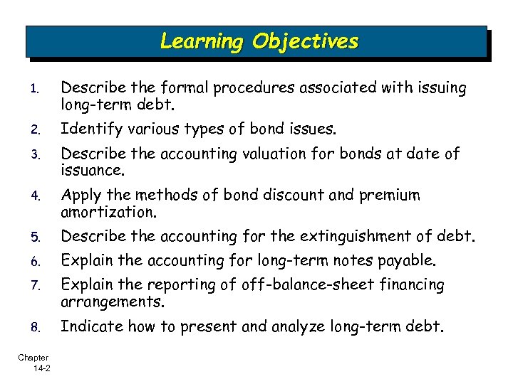 Learning Objectives 1. Describe the formal procedures associated with issuing long-term debt. 2. Identify