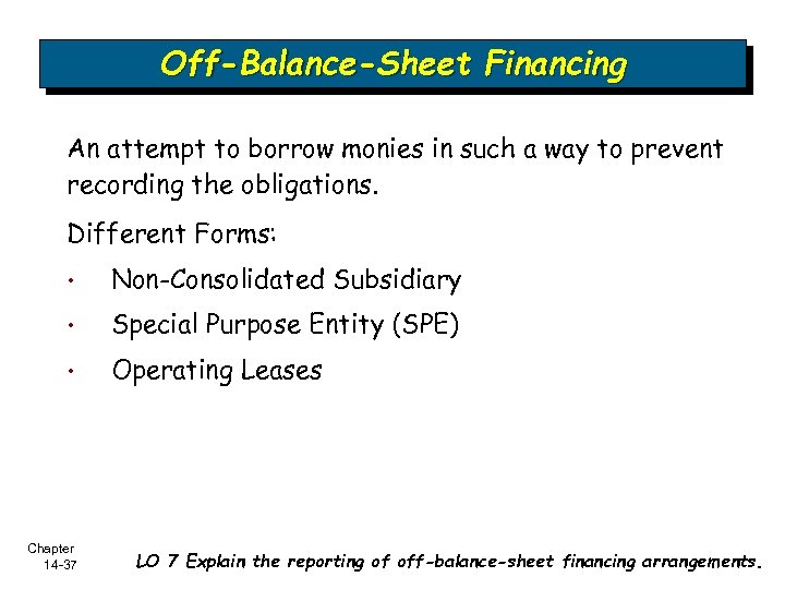 Off-Balance-Sheet Financing An attempt to borrow monies in such a way to prevent recording
