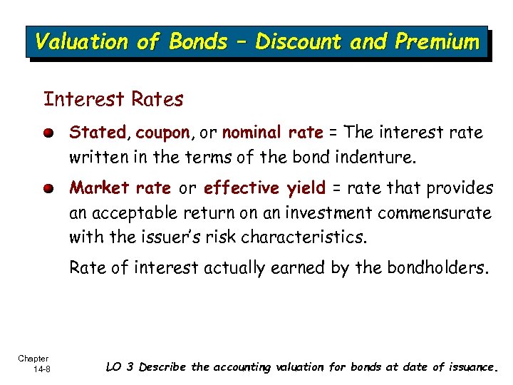 Valuation of Bonds – Discount and Premium Interest Rates Stated, coupon, or nominal rate