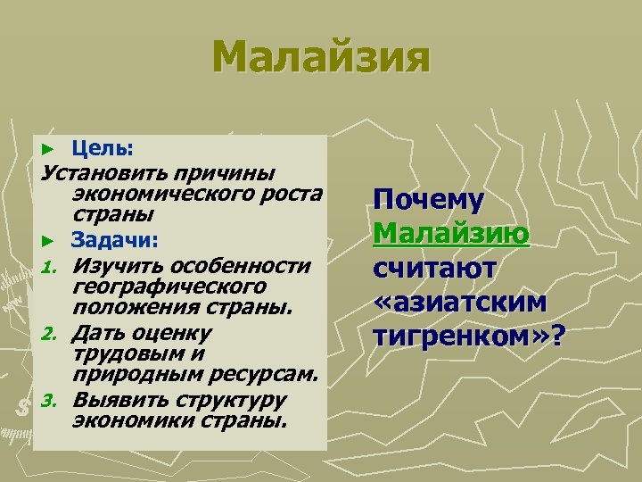 Малайзия ► Цель: Установить причины экономического роста страны ► Задачи: Изучить особенности географического положения