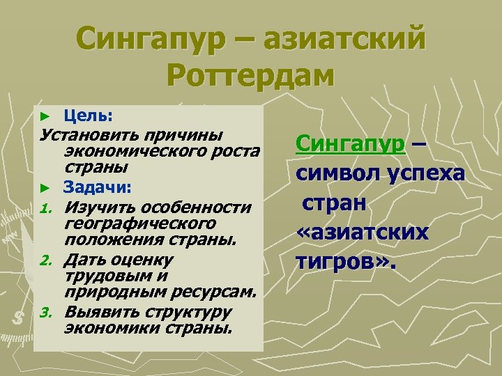 Сингапур – азиатский Роттердам ► Цель: Установить причины экономического роста страны ► Задачи: Изучить