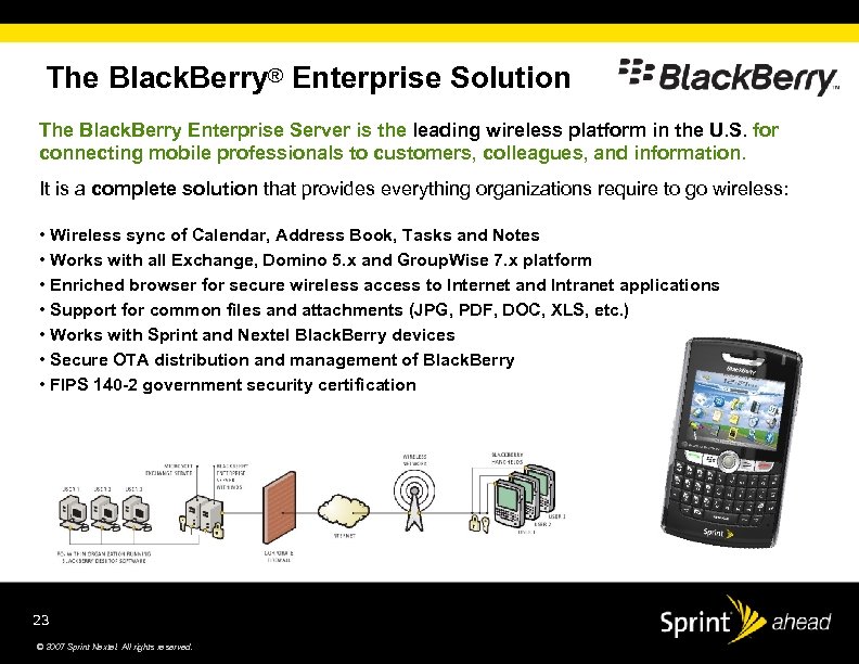 The Black. Berry® Enterprise Solution The Black. Berry Enterprise Server is the leading wireless