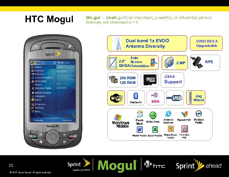 HTC Mogul Mo·gul – [moh-guhl] an important, powerful, or influential person. Dictionary. com Unabridged