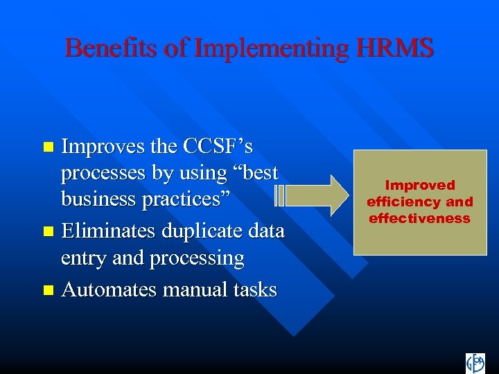 Benefits of Implementing HRMS Improves the CCSF’s processes by using “best business practices” n