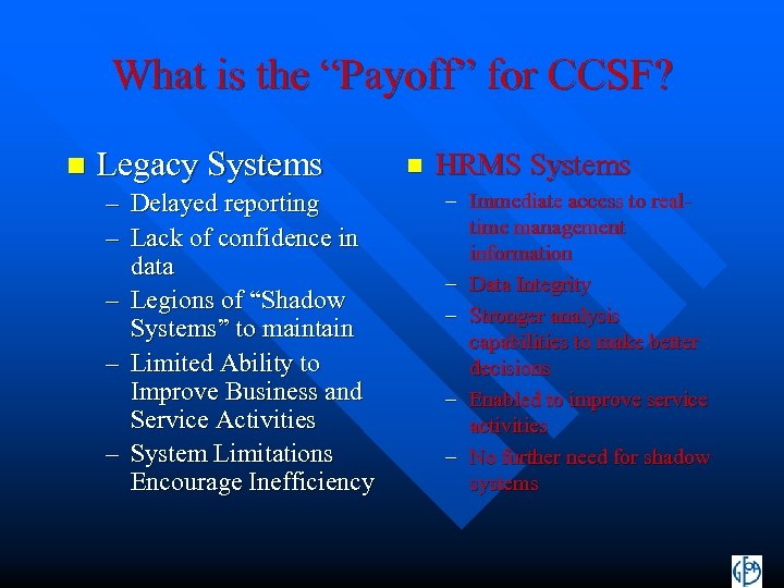 What is the “Payoff” for CCSF? n Legacy Systems – Delayed reporting – Lack