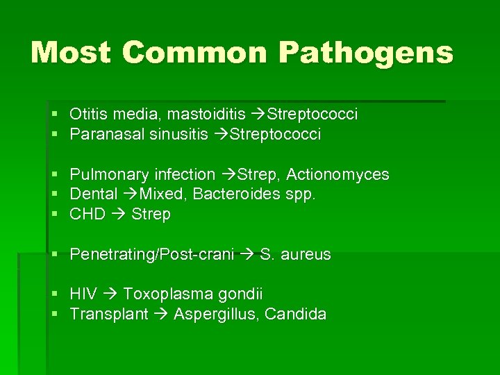 Most Common Pathogens § Otitis media, mastoiditis Streptococci § Paranasal sinusitis Streptococci § §