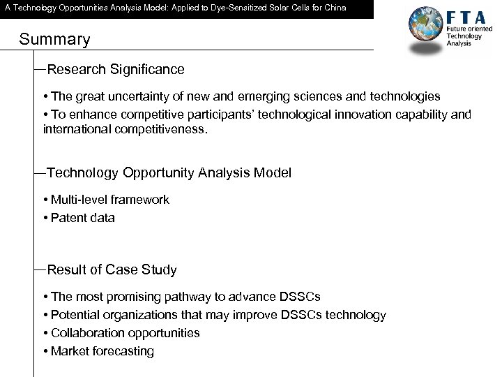 A Technology Opportunities Analysis Model: Applied to Dye-Sensitized Solar Cells for China Summary Research