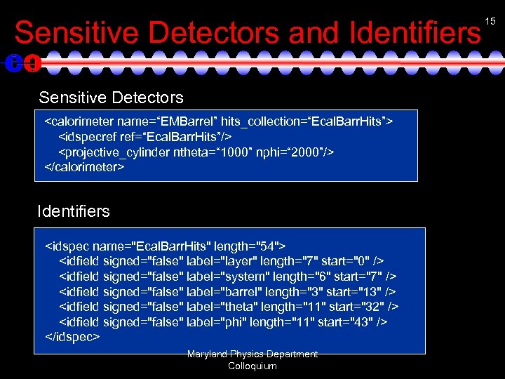 Sensitive Detectors and Identifiers Sensitive Detectors <calorimeter name=“EMBarrel” hits_collection=“Ecal. Barr. Hits”> <idspecref ref=“Ecal. Barr.