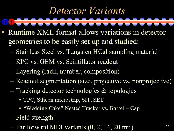 Detector Variants • Runtime XML format allows variations in detector geometries to be easily