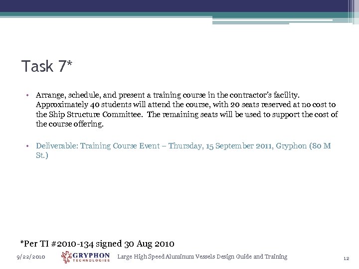 Task 7* • Arrange, schedule, and present a training course in the contractor’s facility.