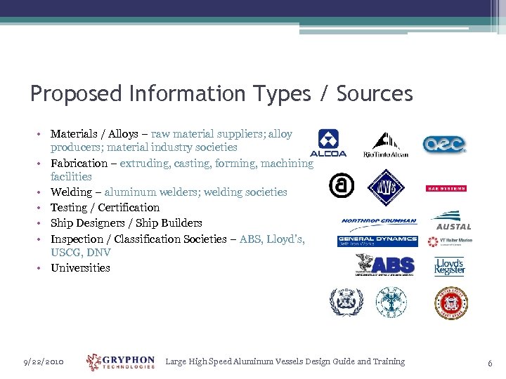 Proposed Information Types / Sources • Materials / Alloys – raw material suppliers; alloy