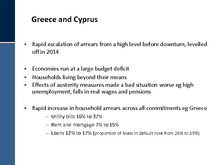 Greece and Cyprus • Rapid escalation of arrears from a high level before downturn,