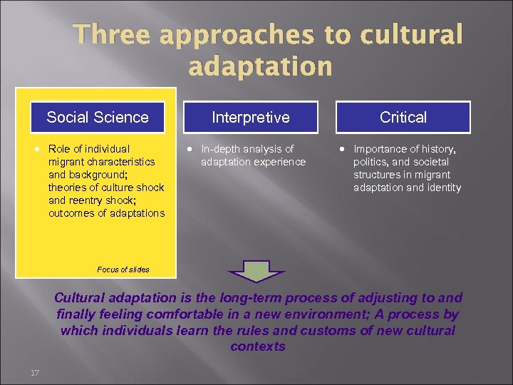Three approaches to cultural adaptation Social Science • Role of individual migrant characteristics and