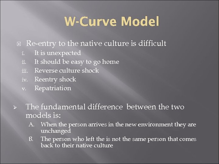W-Curve Model Re-entry to the native culture is difficult It is unexpected ii. It