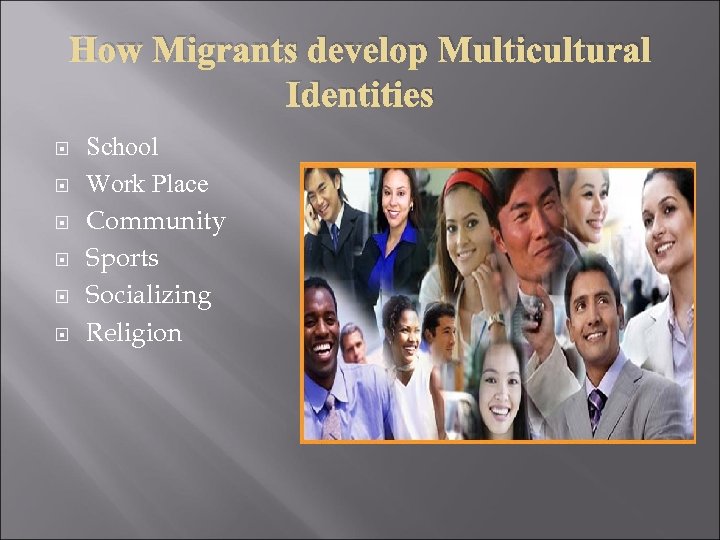 How Migrants develop Multicultural Identities School Work Place Community Sports Socializing Religion 