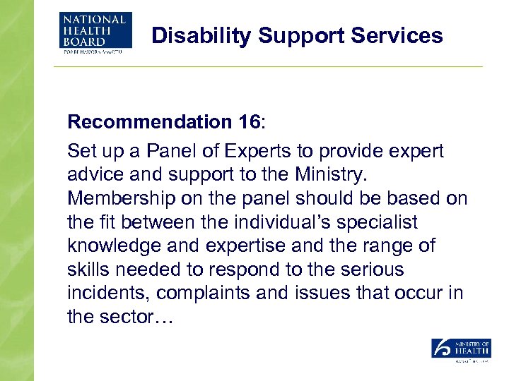 Disability Support Services Recommendation 16: Set up a Panel of Experts to provide expert