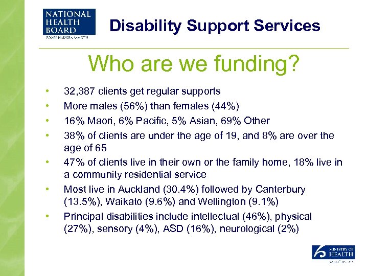 Disability Support Services Who are we funding? • • 32, 387 clients get regular