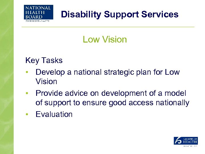 Disability Support Services Low Vision Key Tasks • Develop a national strategic plan for
