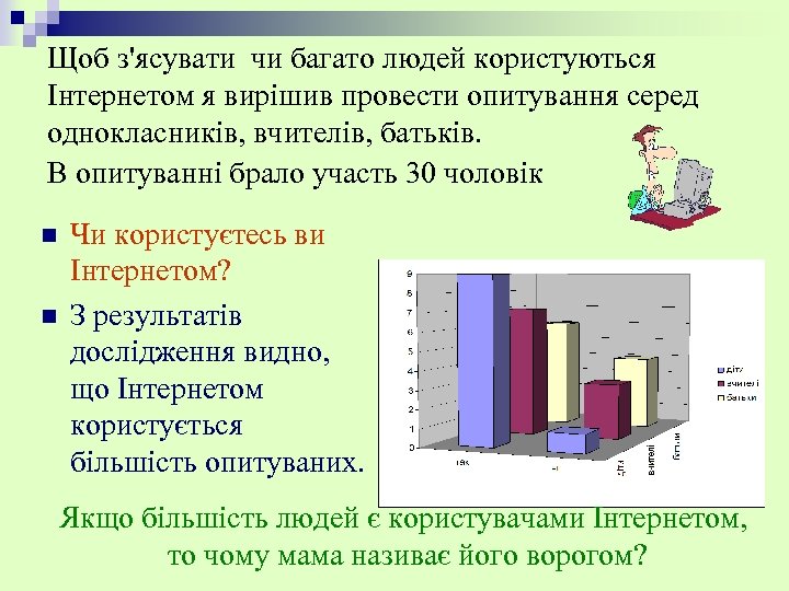Щоб з'ясувати чи багато людей користуються Інтернетом я вирішив провести опитування серед однокласників, вчителів,