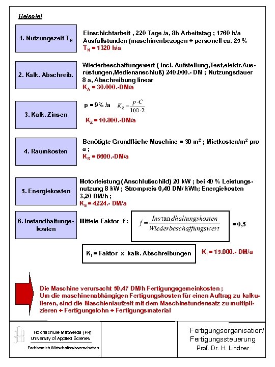 Beispiel 1. Nutzungszeit TN Einschichtarbeit , 220 Tage /a, 8 h Arbeitstag ; 1760