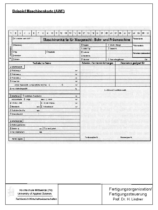 Beispiel Maschinenkarte (AWF) Hochschule Mittweida (FH) University of Applied Scienes Fachbereich Wirtschaftswissenschaften Fertigungsorganisation/ Fertigungssteuerung