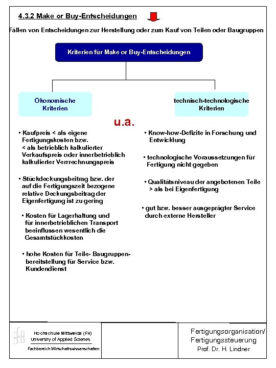 4. 3. 2 Make or Buy-Entscheidungen Fällen von Entscheidungen zur Herstellung oder zum Kauf