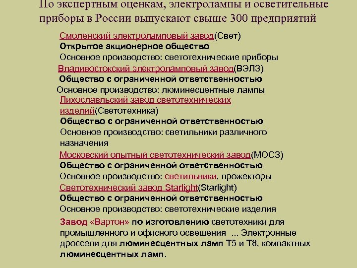 По экспертным оценкам, электролампы и осветительные приборы в России выпускают свыше 300 предприятий Смоленский