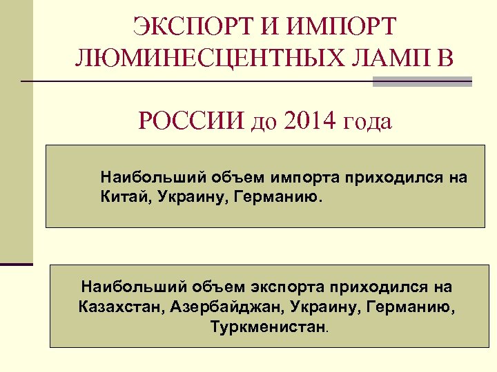 ЭКСПОРТ И ИМПОРТ ЛЮМИНЕСЦЕНТНЫХ ЛАМП В РОССИИ до 2014 года n Наибольший объем импорта