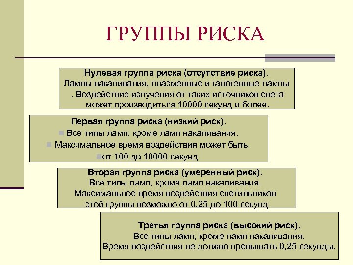 ГРУППЫ РИСКА Нулевая группа риска (отсутствие риска). Лампы накаливания, плазменные и галогенные лампы .