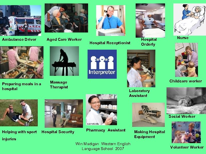Ambulance Driver Preparing meals in a hospital Aged Care Worker Hospital Receptionist Hospital Orderly