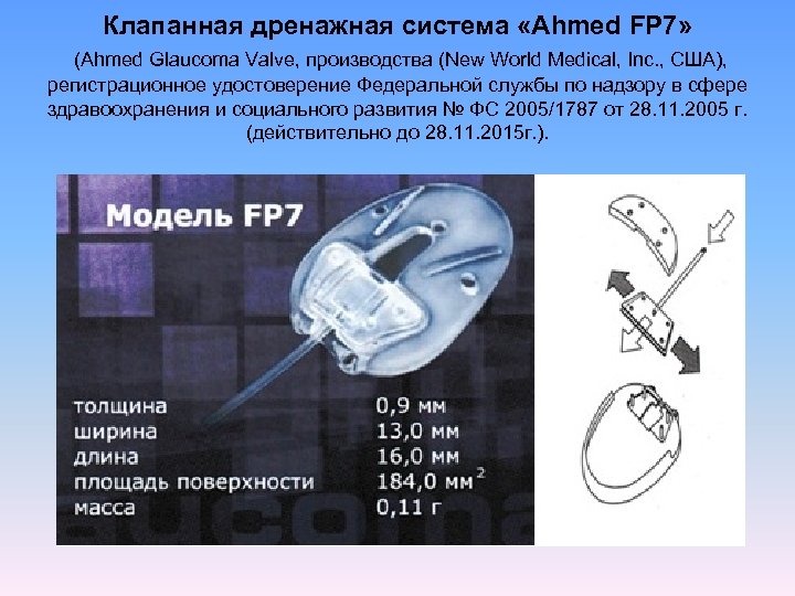 Клапанная дренажная система «Ahmed FP 7» (Ahmed Glaucoma Valve, производства (New World Medical, Inc.