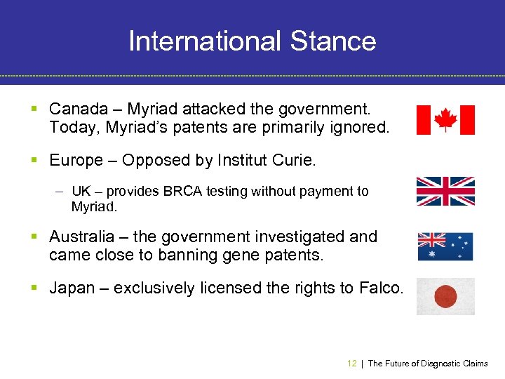 International Stance § Canada – Myriad attacked the government. Today, Myriad’s patents are primarily
