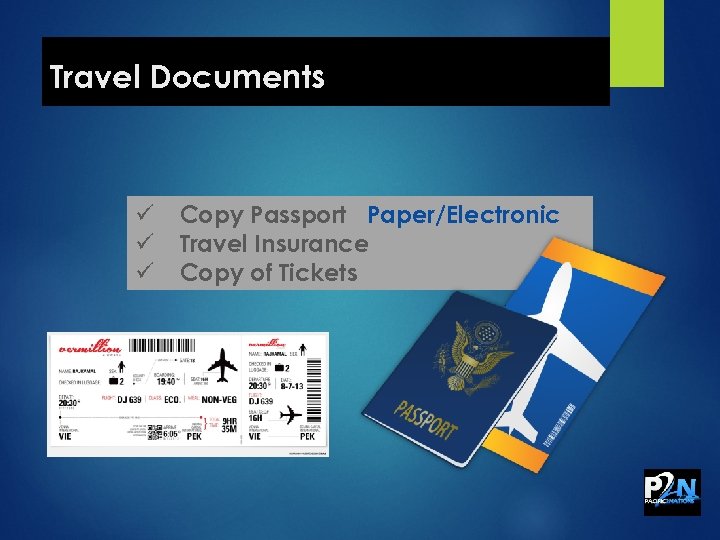 Travel Documents ü ü ü Copy Passport Paper/Electronic Travel Insurance Copy of Tickets 