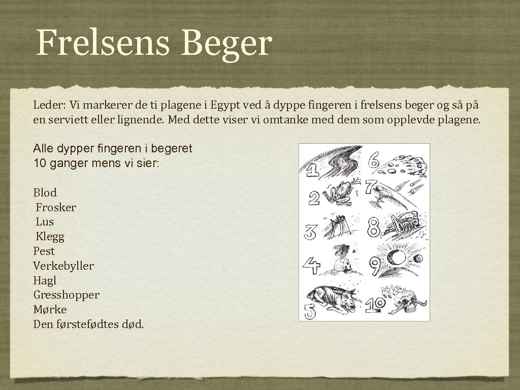 Frelsens Beger Leder: Vi markerer de ti plagene i Egypt ved å dyppe fingeren