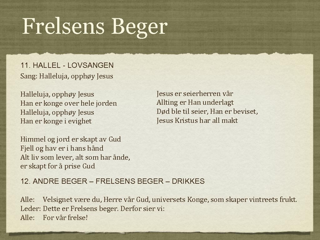 Frelsens Beger 11. HALLEL - LOVSANGEN Sang: Halleluja, opphøy Jesus Han er konge over