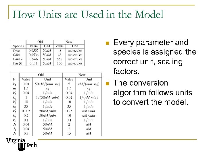 How Units are Used in the Model n n Every parameter and species is
