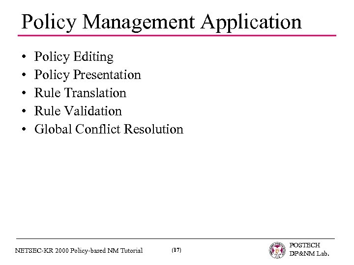 Policy Management Application • • • Policy Editing Policy Presentation Rule Translation Rule Validation