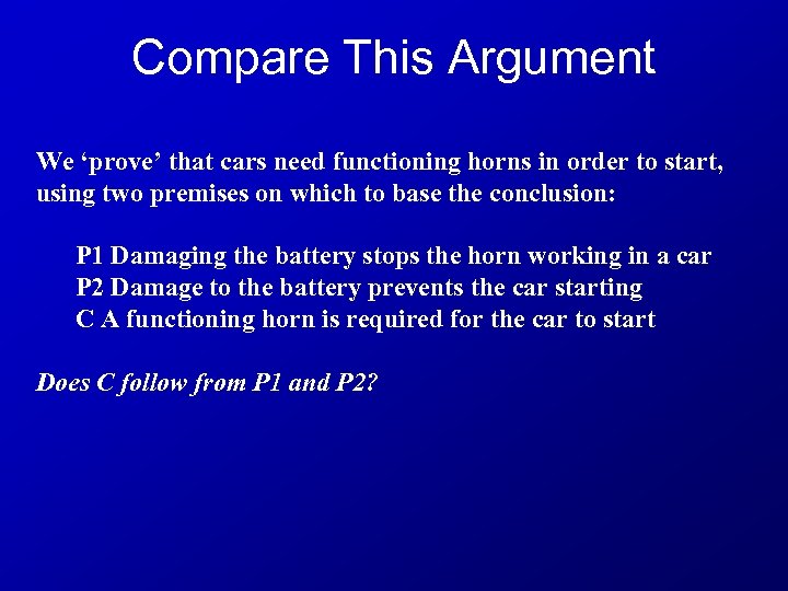 Compare This Argument We ‘prove’ that cars need functioning horns in order to start,