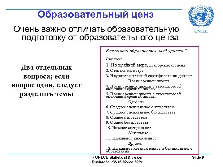 Образовательный ценз Очень важно отличать образовательную подготовку от образовательного ценза Каков ваш образовательный уровень?