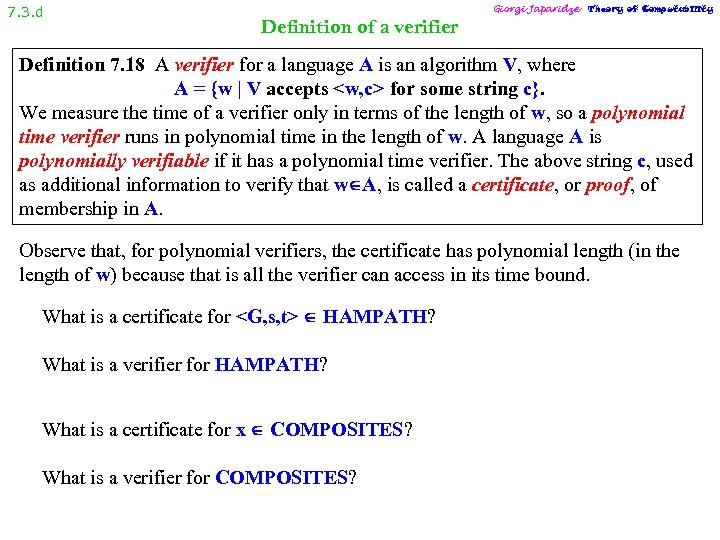 7. 3. d Giorgi Japaridze Theory of Computability Definition of a verifier Definition 7.