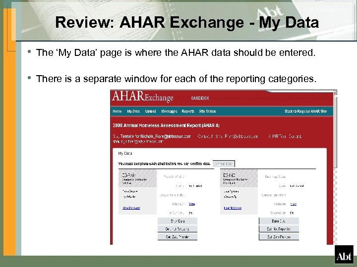 Review: AHAR Exchange - My Data • The ‘My Data’ page is where the