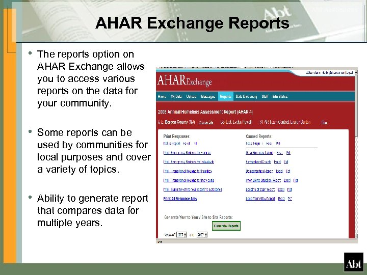 AHAR Exchange Reports • The reports option on AHAR Exchange allows you to access