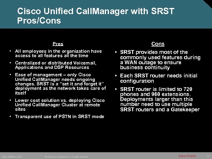 Cisco Unified Call. Manager with SRST Pros/Cons Pros • All employees in the organization
