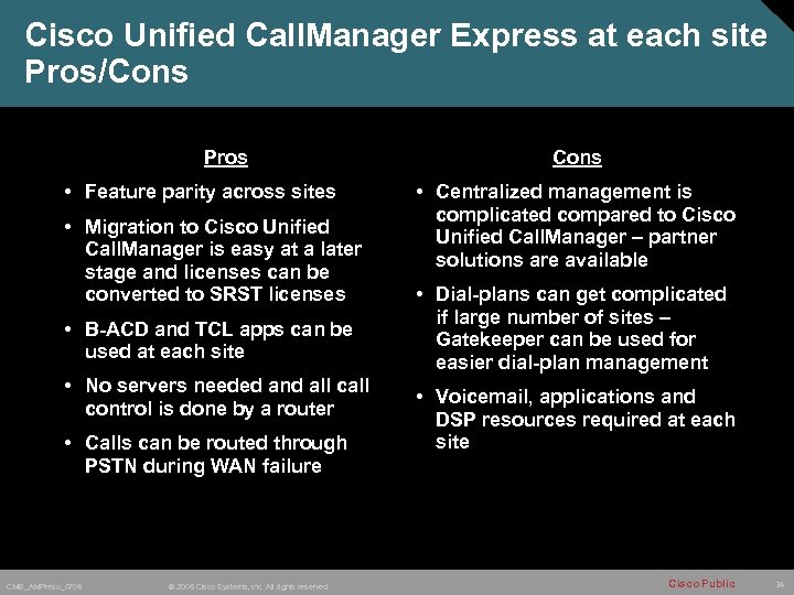 Cisco Unified Call. Manager Express at each site Pros/Cons Pros • Feature parity across
