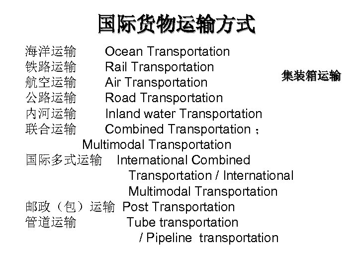 国际货物运输方式 Ocean Transportation Rail Transportation 集装箱运输 Air Transportation Road Transportation Inland water Transportation Combined
