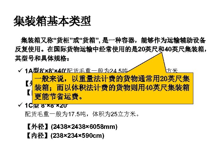 集装箱基本类型 集装箱又称“货柜”或“货箱”, 是一种容器，能够作为运输辅助设备 反复使用。在国际货物运输中经常使用的是 20英尺和40英尺集装箱， 其型号和具体规格： ü 1 A型8’× 40’配货毛重一般为 24. 5吨，体积为 55立方米. 一般来说，以重量法计费的货物通常用