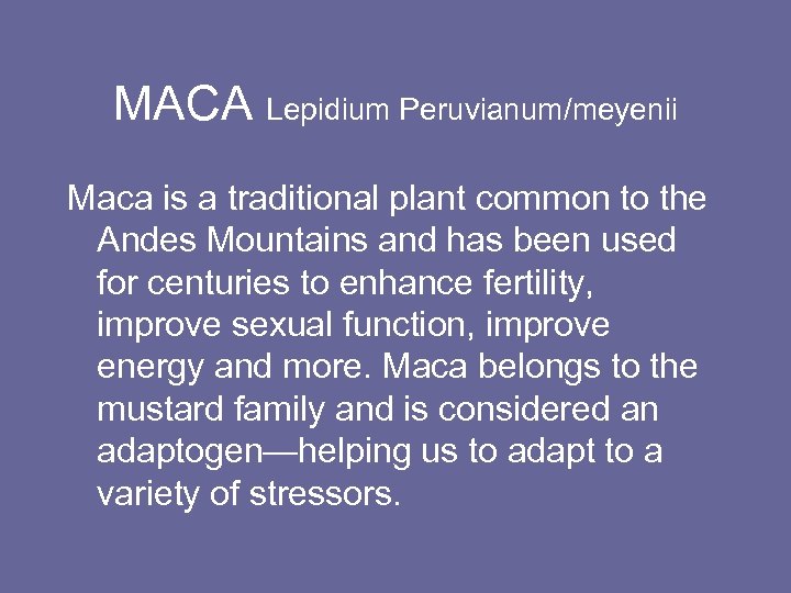 MACA Lepidium Peruvianum/meyenii Maca is a traditional plant common to the Andes Mountains and